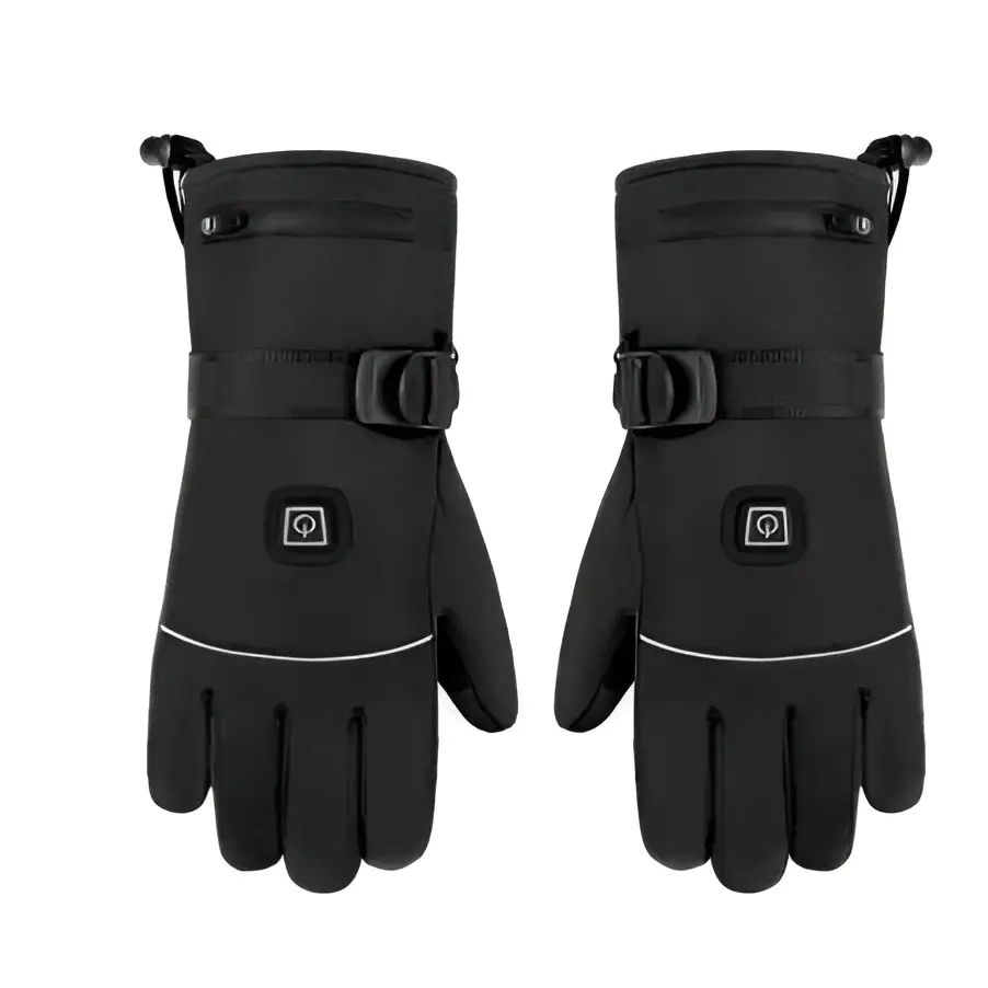 Black insulated winter electric heated gloves with battery box type and adjustable wrist straps shown from back side