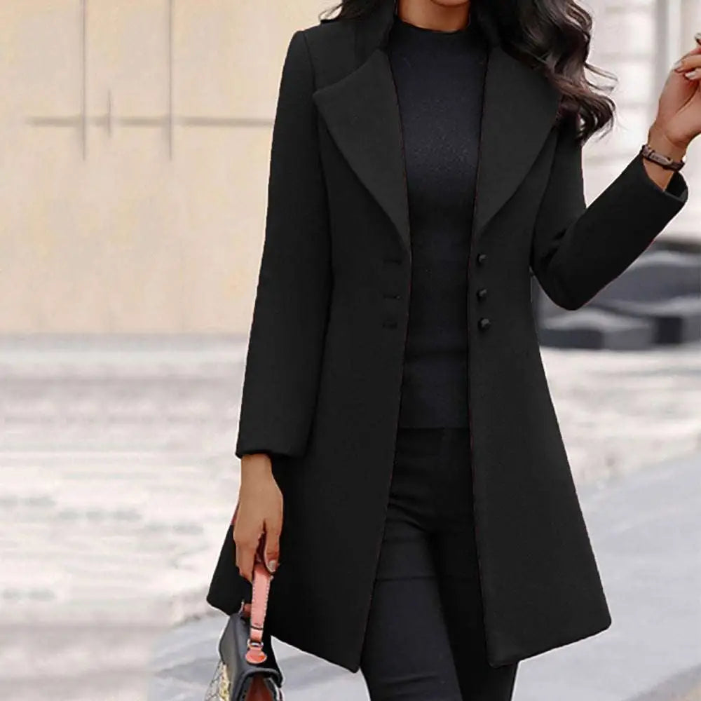 Black double-breasted lapel coat with sleek tailored design and subtle sheen for winter single-breasted slim-fit style