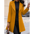 A mustard-yellow double-breasted wool lapel coat with gold-toned buttons, not a winter single-breasted slim-fit gray wool winter style
