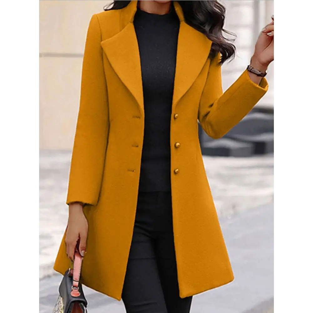 A mustard-yellow double-breasted wool lapel coat with gold-toned buttons, not a winter single-breasted slim-fit gray wool winter style