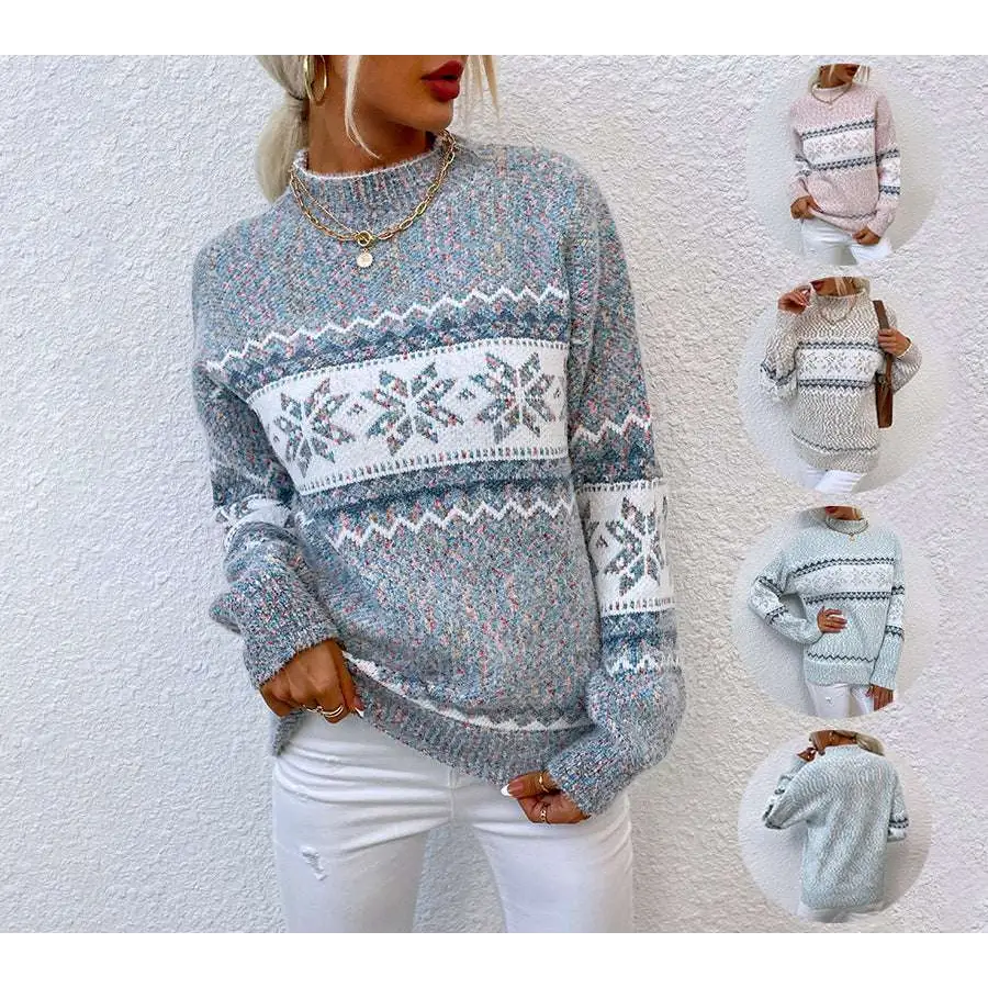 A heathered gray knit winter snowflake sweater with festive white pattern and half turtleneck design