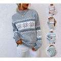 A heathered gray knit winter snowflake sweater with festive white pattern and half turtleneck design
