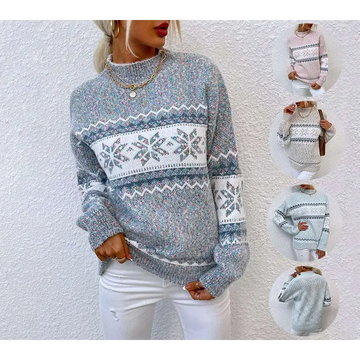 A heathered gray knit winter snowflake sweater with festive white pattern and half turtleneck design