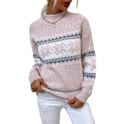 Winter Snowflake Sweater Fashion Half Turtleneck Pullover Knitted Tops Women's Christmas Clothing - Royalessencelux