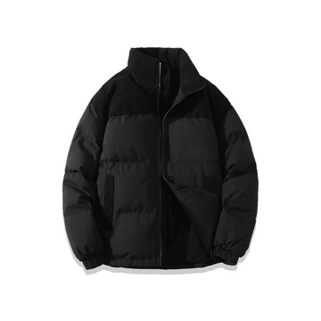 Black winter stand collar cotton padded jacket with ribbed collar and cuffs, quilted design, and vertical side texture