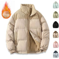 Beige winter stand collar cotton padded jacket with quilted design and contrasting corduroy panels on shoulders