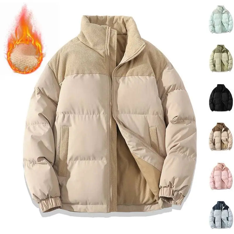 Beige winter stand collar cotton padded jacket with quilted design and contrasting corduroy panels on shoulders