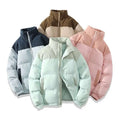 Pastel-colored cotton padded jacket with corduroy panels and zipper closures winter stand collar coat