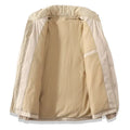 Beige winter stand collar cotton padded jacket with quilted exterior and soft fleece-lined interior for cold weather