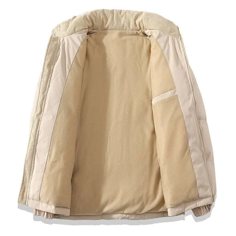 Beige winter stand collar cotton padded jacket with quilted exterior and soft fleece-lined interior for cold weather