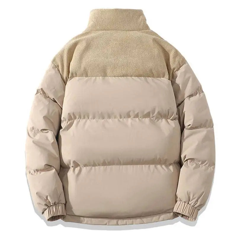 Beige winter stand collar cotton padded jacket with quilted design and contrasting corduroy panels on shoulders