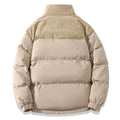 Beige cotton padded jacket with winter stand collar and contrasting corduroy cuffs perfect for cold weather wear