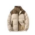 Beige and brown corduroy patchwork cotton padded jacket with ribbed cuffs and a winter stand collar coat design
