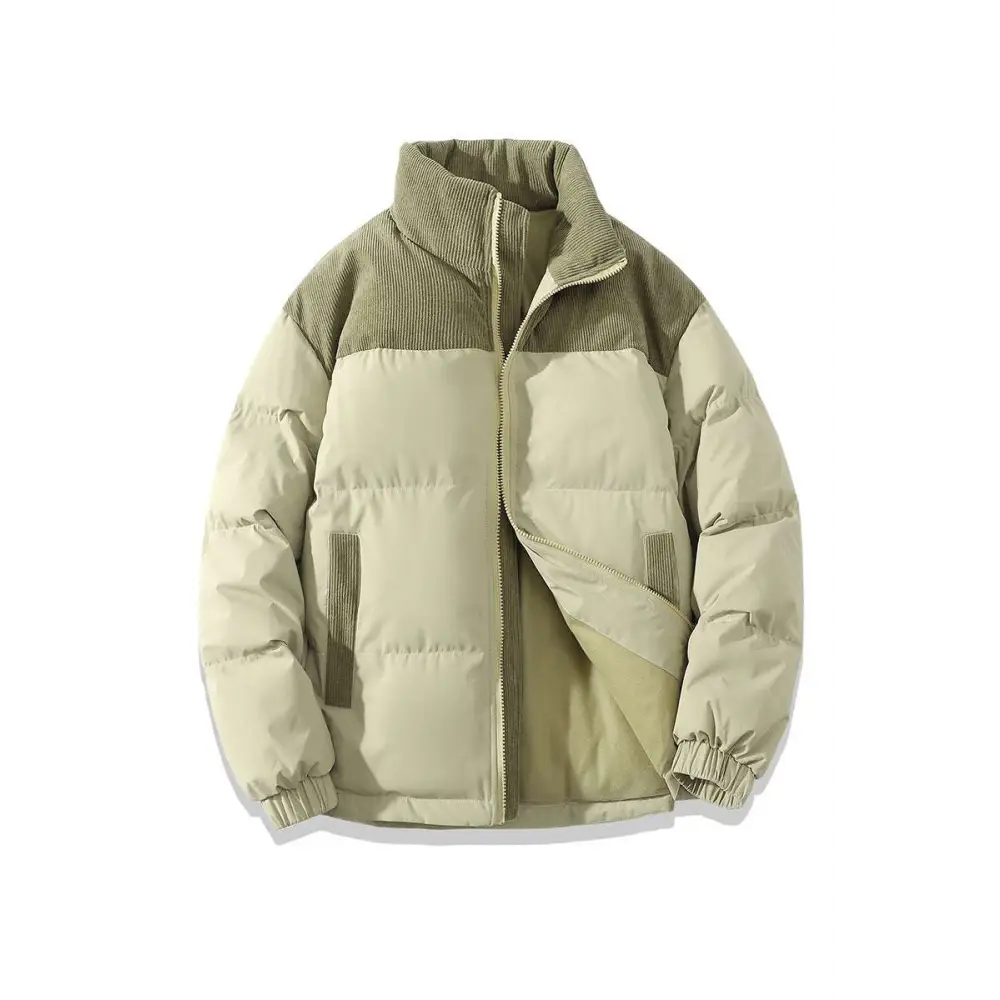 Beige and olive green corduroy patchwork cotton padded jacket with ribbed cuffs and winter stand collar coat design