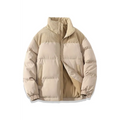 Beige winter stand collar cotton padded jacket with quilted design, front zipper, and corduroy collar and cuffs