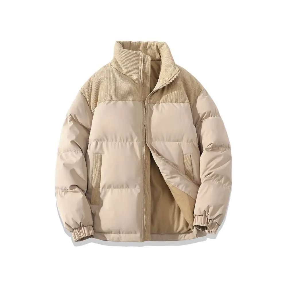 Beige winter stand collar cotton padded jacket with quilted design, front zipper, and corduroy collar and cuffs