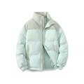 A mint green cotton padded jacket winter stand collar coat with ribbed cuffs and gray corduroy panels