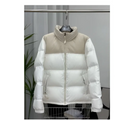 Beige and white cotton padded jacket with quilted design and winter stand collar for cold weather wear
