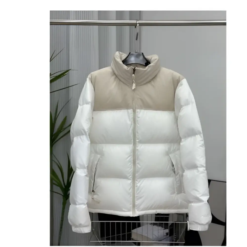Beige and white cotton padded jacket with quilted design and winter stand collar for cold weather wear