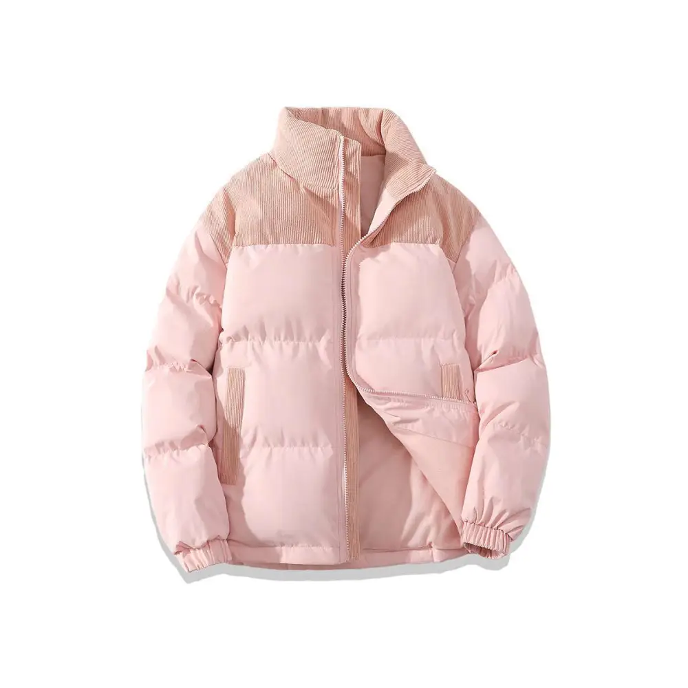 A soft pink winter stand collar cotton padded jacket with quilted panels corduroy collar and elasticized wrists
