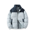 Light gray and dark navy corduroy patchwork cotton padded jacket with ribbed cuffs and winter stand collar design