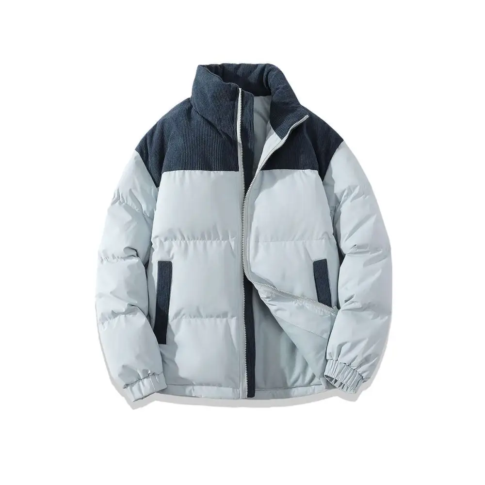 Light gray and dark navy corduroy patchwork cotton padded jacket with ribbed cuffs and winter stand collar design