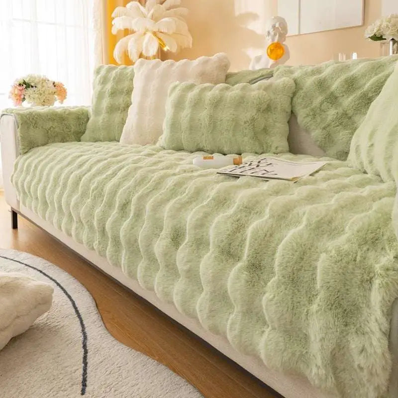 Soft mint-green winter thickened rabbit plush faux fur sofa cover with a plush wavy texture for comfort