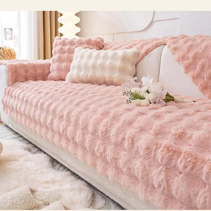 Pink fluffy faux fur sofa cover with quilted textured surface for winter thickened rabbit plush cushioning