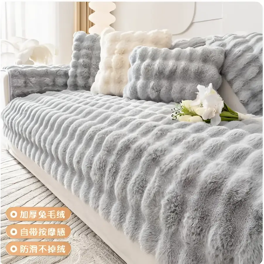 Gray thickened rabbit plush faux fur sofa cover with textured wavy pattern and soft fluffy surface for winter use