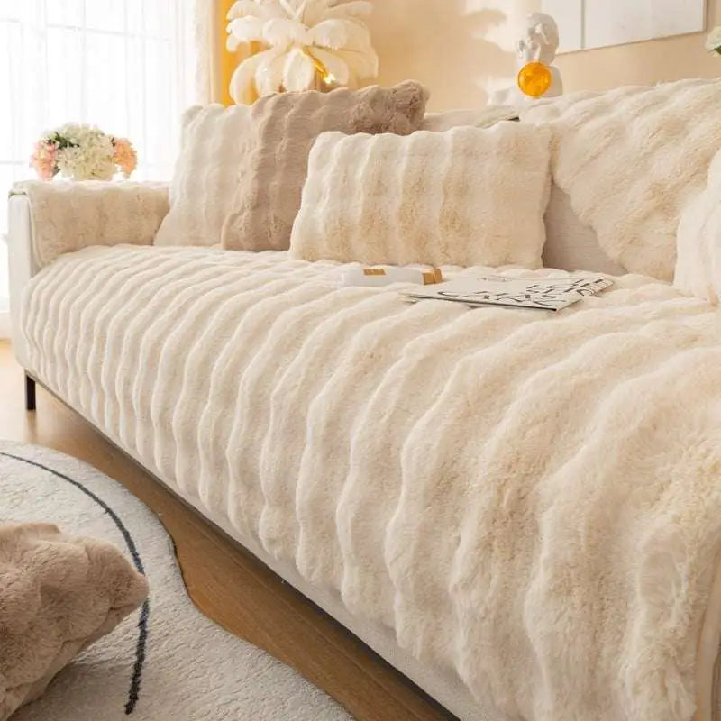 Cream-colored thickened rabbit plush faux fur sofa cover with ribbed texture for winter thickened rabbit comfort