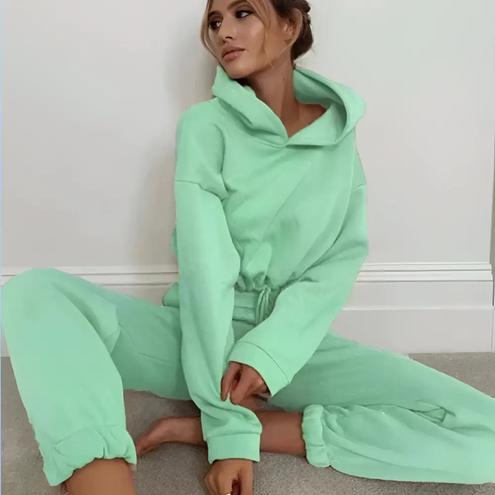 Mint green winter two piece sets women tracksuit with hooded sweatshirt and matching jogger pants for casual wear