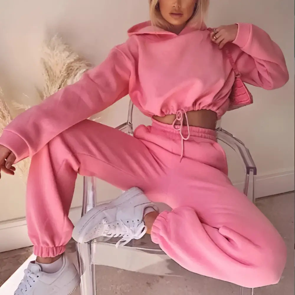 Pink winter two piece sets women tracksuit with cropped hoodie and drawstring waistband jogger pants