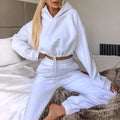 White cropped hoodie and matching sweatpants winter two piece sets women tracksuit with jogger pants for cold weather