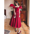 Winter wine red satin engagement dress with puffed short sleeves and a square neckline midi style