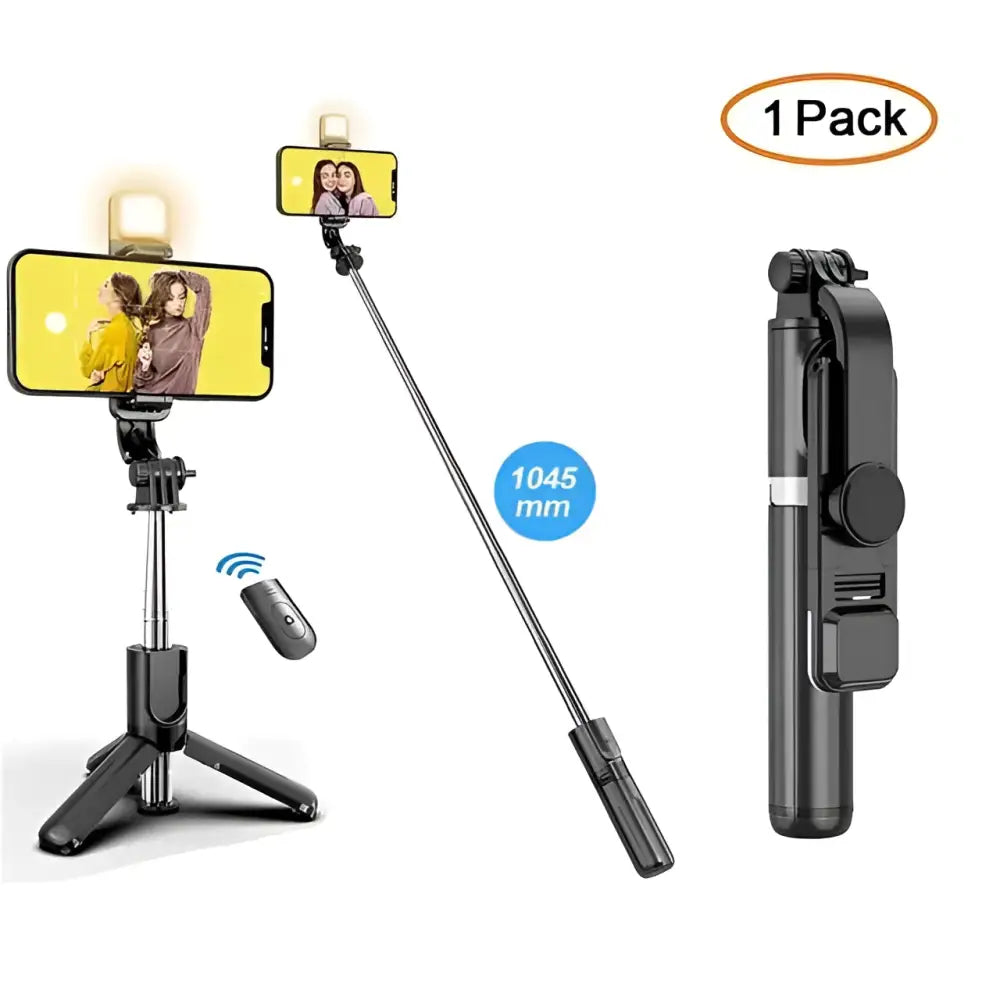 Black wireless bluetooth selfie stick tripod with built-in led light and wireless remote control for stable photos