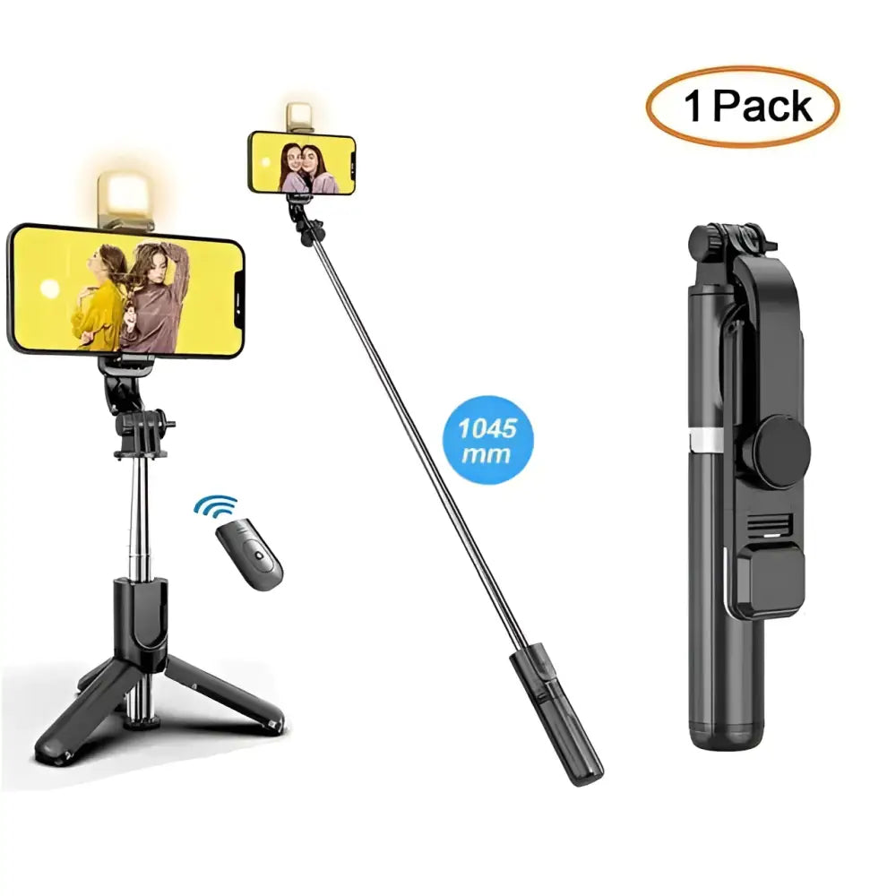 Black wireless bluetooth selfie stick tripod with built-in led light and wireless remote control for hands-free use