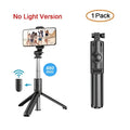 Black and silver wireless bluetooth selfie stick tripod with led light, phone mount, remote control, and extendable design
