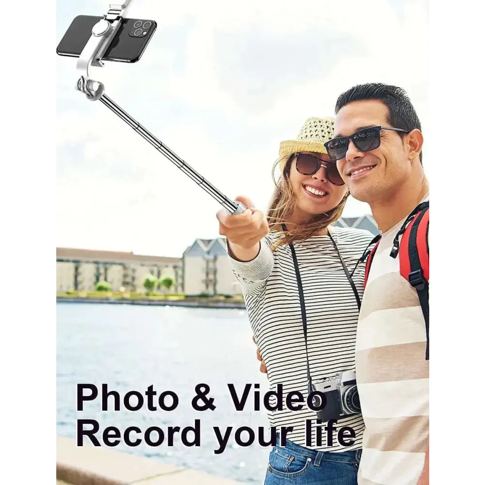 Silver wireless bluetooth selfie stick tripod with phone holder and led light for hands free photography