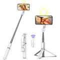 White wireless bluetooth selfie stick tripod with extendable pole built-in led light and sturdy tripod base