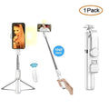 White wireless bluetooth selfie stick tripod with extendable pole led light and built-in tripod base for hands-free use