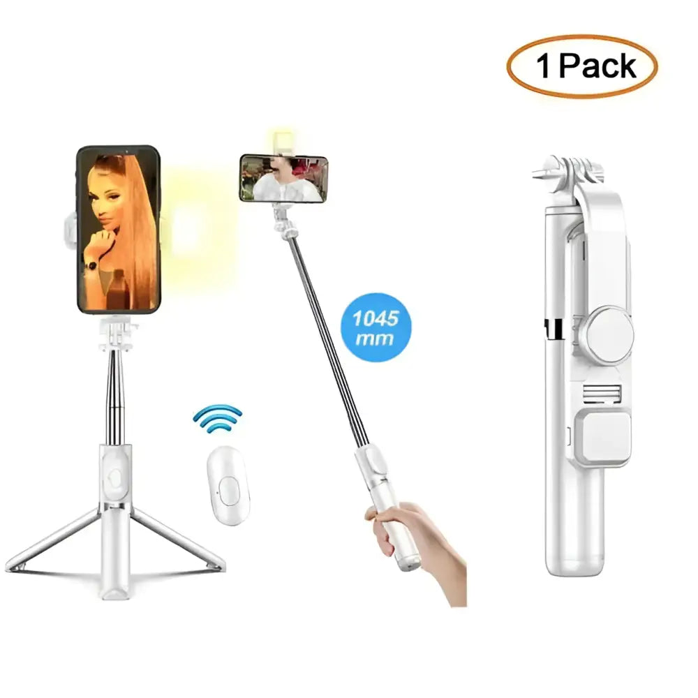 White wireless bluetooth selfie stick tripod with extendable pole led light and built-in tripod base for hands-free use