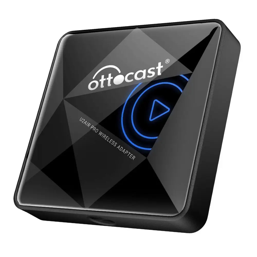 Black glossy ottocast u2air pro wireless car bluetooth adapter with geometric design and blue illuminated play button