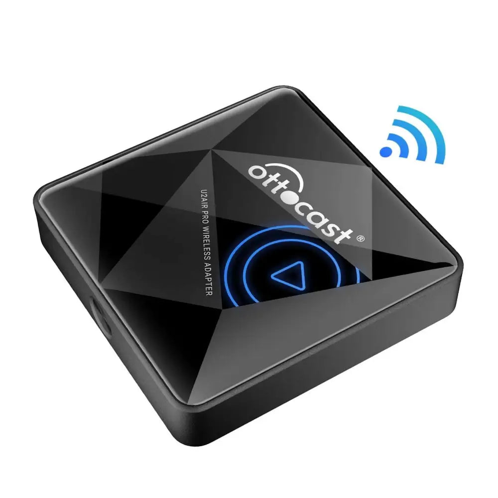 Black matte-finish ottocast u2a1 pro wireless car bluetooth aibox adapter with geometric design and glowing blue play button