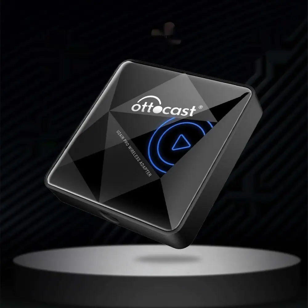 Black matte finish ottocast u2air pro wireless car bluetooth aibox adapter with glowing blue play button front panel