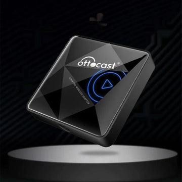 Black matte finish ottocast u2air pro wireless car bluetooth aibox adapter with glowing blue play button front panel