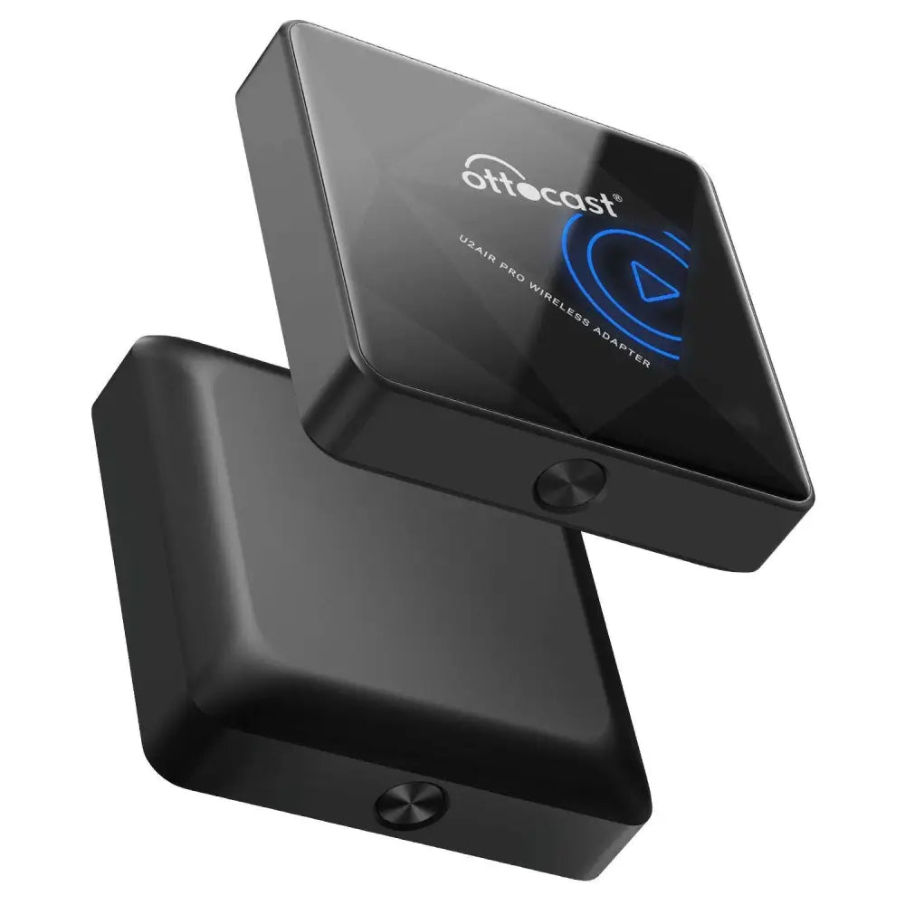 Black matte finish ottocast u2air pro wireless car bluetooth aibox adapter with glowing blue play button front panel