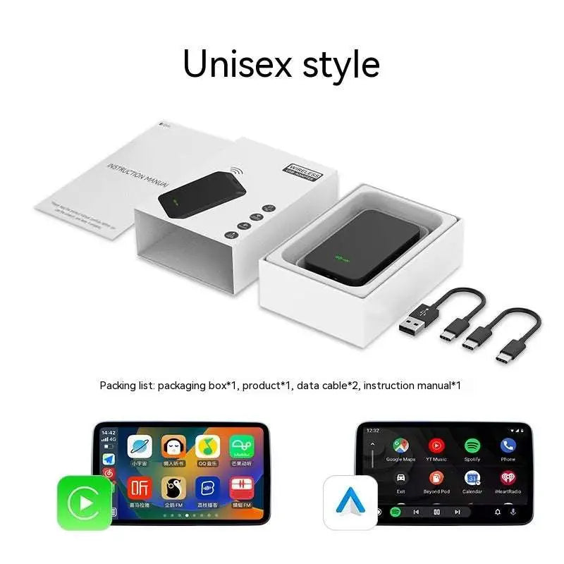Black wireless car video entertainment box with touchscreen display and built-in app support for original car use