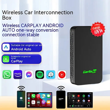 Black rectangular wireless car video entertainment box with green carlin branding and ventilation slots on the side