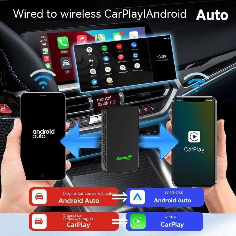 Black rectangular wireless car video entertainment box adapter with green logo for original carplay and android auto use