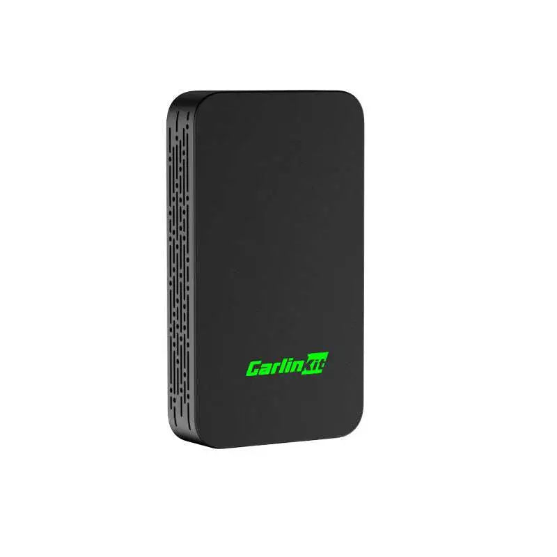 Black rectangular carlin x1 wireless car video entertainment box with matte finish and green logo original car device